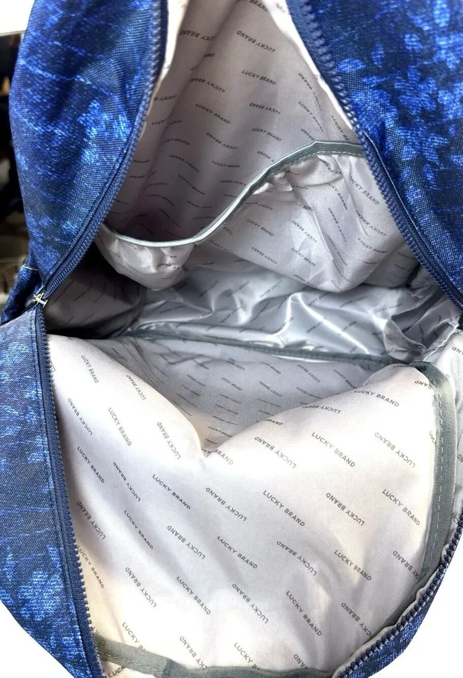 LUCKY BRAND Floral Denim Print Backpack Laptop Bag NWOT With Matching Pouch